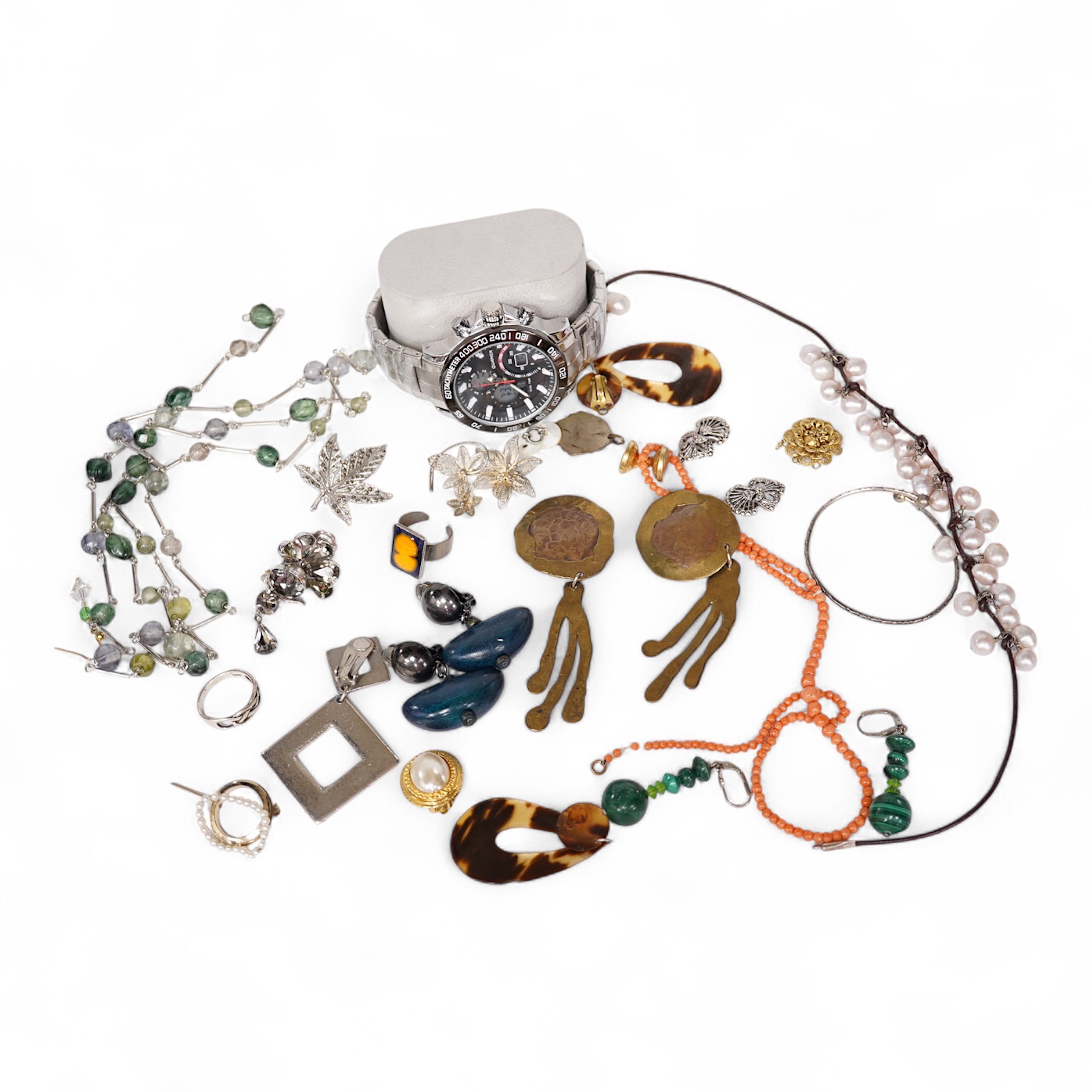 A small quantity of assorted mainly costume jewellery including a pair of malachite earrings and a graduated coral bead necklace, together with an Omega watch box and a gentleman's Quamer quartz wrist watch. Condition -